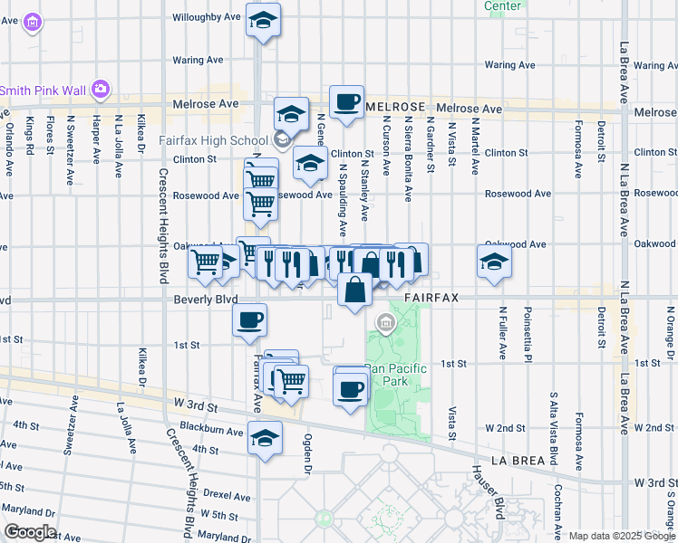 map of restaurants, bars, coffee shops, grocery stores, and more near 331 North Spaulding Avenue in Los Angeles