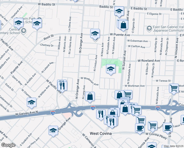 map of restaurants, bars, coffee shops, grocery stores, and more near 329 North Conlon Avenue in West Covina