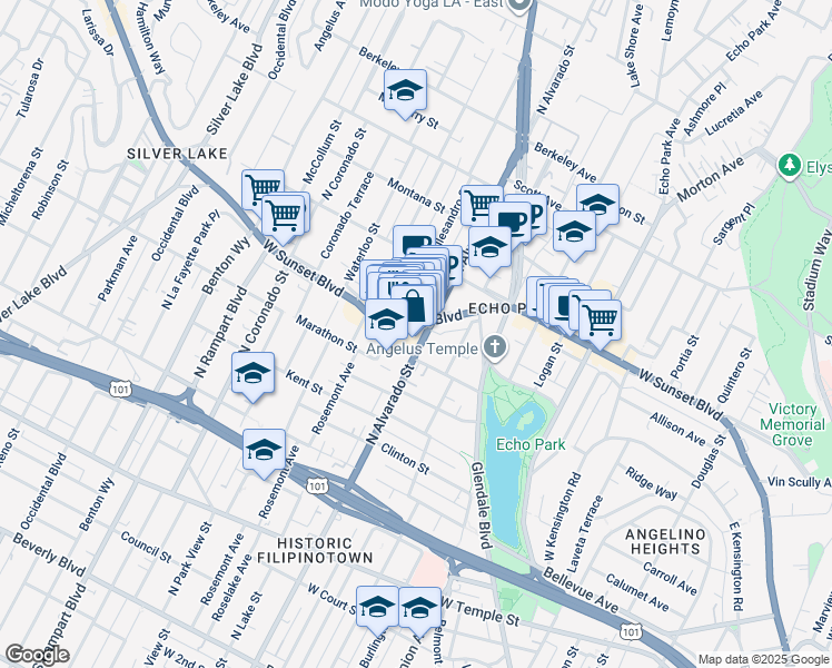 map of restaurants, bars, coffee shops, grocery stores, and more near 2110 West Sunset Boulevard in Los Angeles