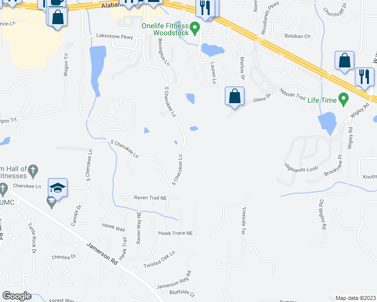 map of restaurants, bars, coffee shops, grocery stores, and more near 3000 South Cherokee Lane in Woodstock