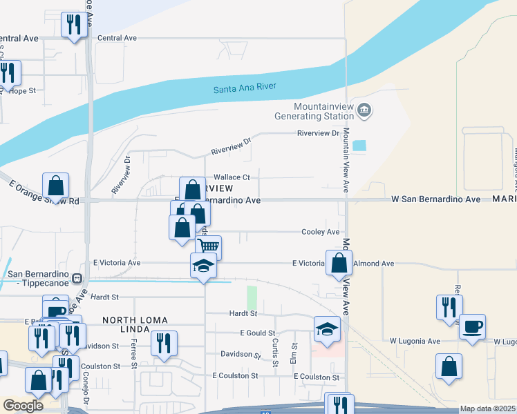 map of restaurants, bars, coffee shops, grocery stores, and more near 1795 East San Bernardino Avenue in San Bernardino