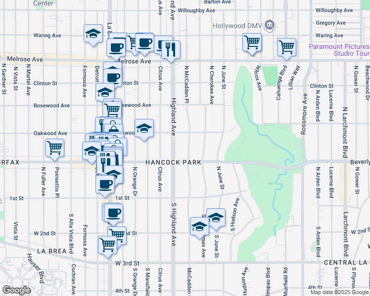 map of restaurants, bars, coffee shops, grocery stores, and more near 329 North McCadden Place in Los Angeles