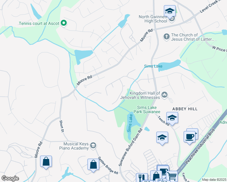 map of restaurants, bars, coffee shops, grocery stores, and more near 4728 Toms Court in Suwanee