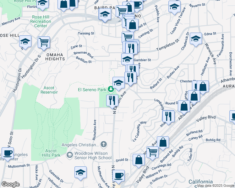 map of restaurants, bars, coffee shops, grocery stores, and more near 2660 Fithian Avenue in Los Angeles