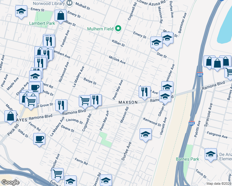 map of restaurants, bars, coffee shops, grocery stores, and more near 4231 Penn Mar Avenue in El Monte