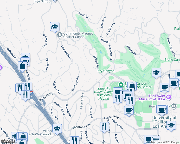 map of restaurants, bars, coffee shops, grocery stores, and more near 282 Bentley Circle in Los Angeles