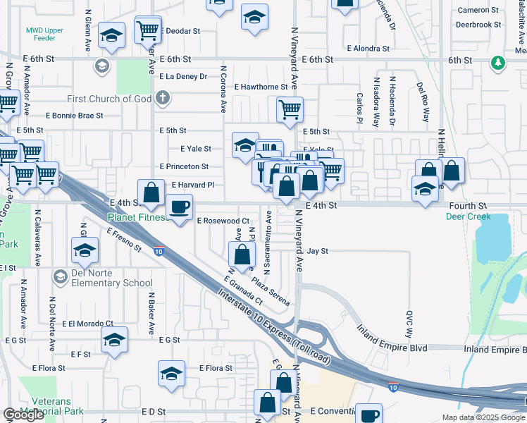 map of restaurants, bars, coffee shops, grocery stores, and more near 1817 East Rosewood Court in Ontario