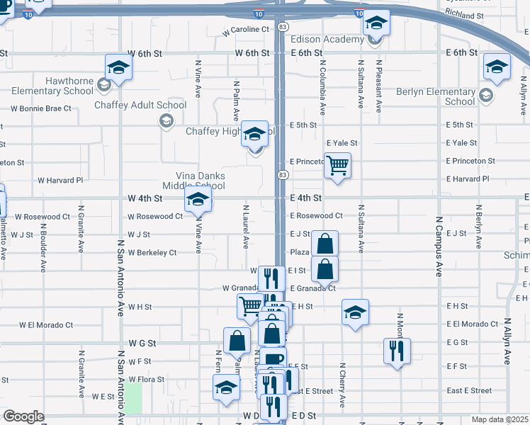 map of restaurants, bars, coffee shops, grocery stores, and more near 1031 North Euclid Avenue in Ontario