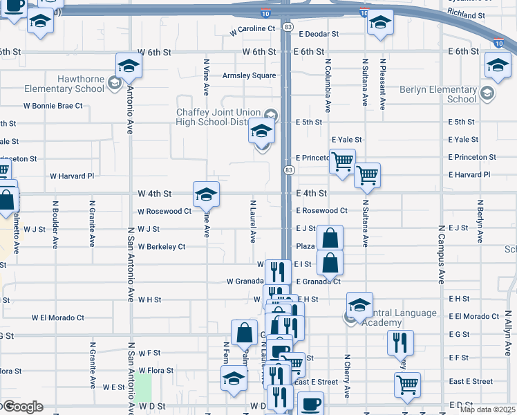 map of restaurants, bars, coffee shops, grocery stores, and more near 1031 North Euclid Avenue in Ontario