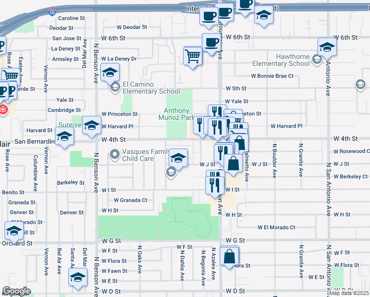 map of restaurants, bars, coffee shops, grocery stores, and more near 1228 West Rosewood Court in Ontario