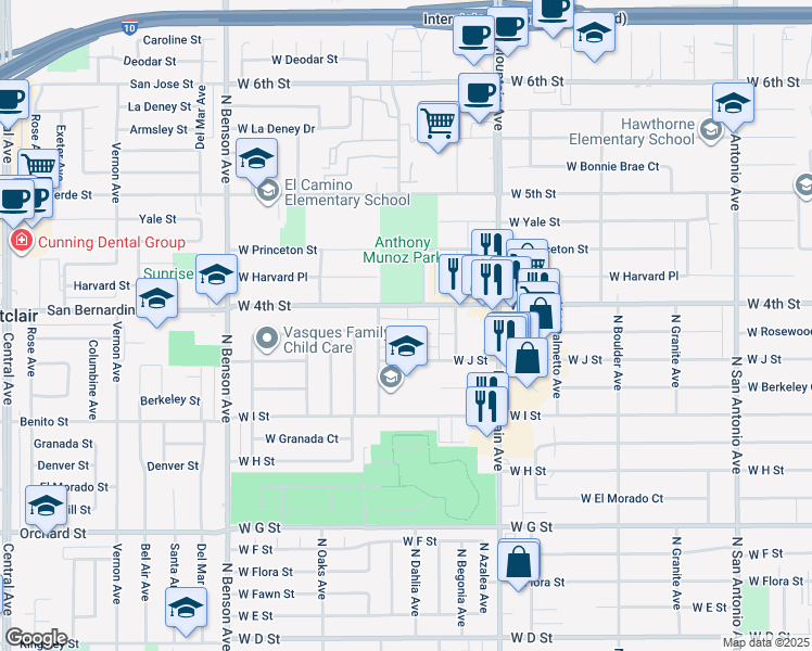 map of restaurants, bars, coffee shops, grocery stores, and more near 1228 West Rosewood Court in Ontario