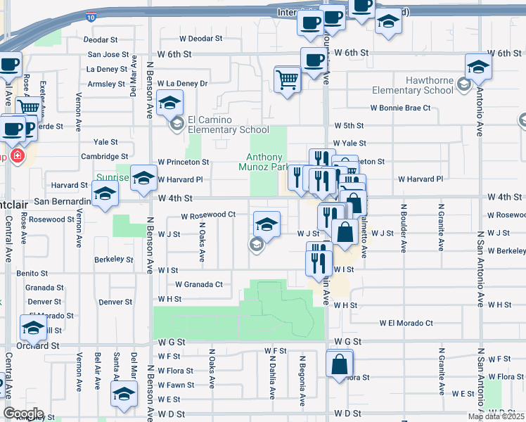 map of restaurants, bars, coffee shops, grocery stores, and more near 1228 West Rosewood Court in Ontario