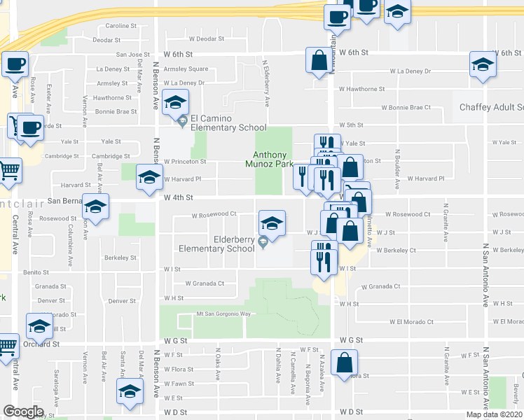 map of restaurants, bars, coffee shops, grocery stores, and more near 1027 North Elderberry Avenue in Ontario