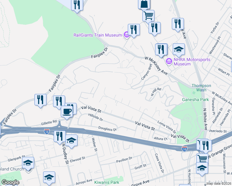 map of restaurants, bars, coffee shops, grocery stores, and more near 1618 Sycamore Place in Pomona