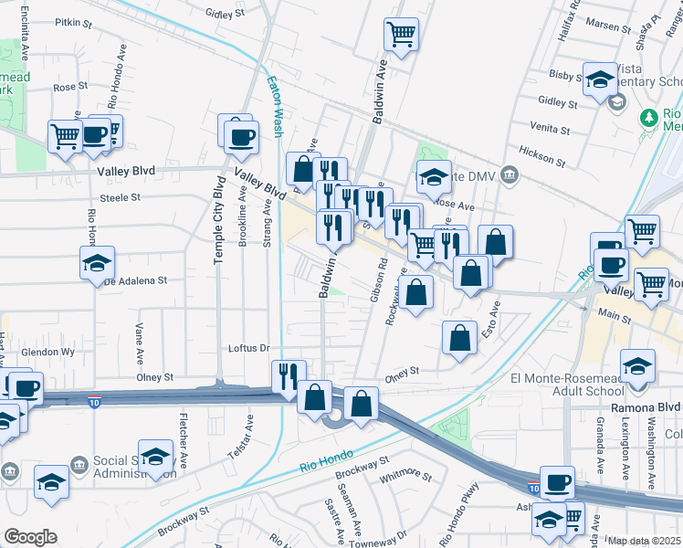 map of restaurants, bars, coffee shops, grocery stores, and more near 3814 Baldwin Avenue in El Monte