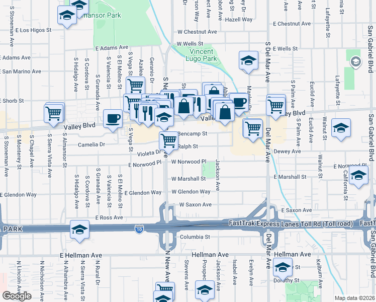 map of restaurants, bars, coffee shops, grocery stores, and more near 1741 Manor Way in San Gabriel