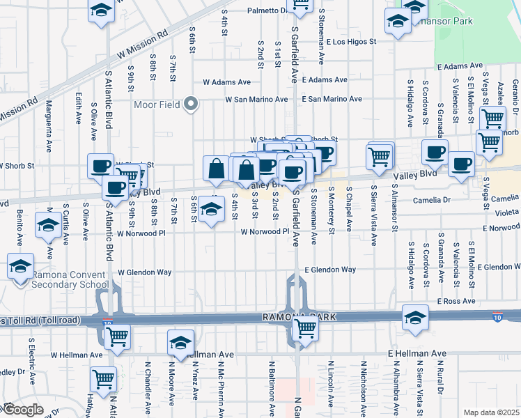 map of restaurants, bars, coffee shops, grocery stores, and more near 1504 South 3rd Street in Alhambra