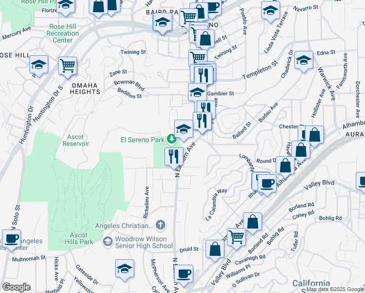 map of restaurants, bars, coffee shops, grocery stores, and more near 2601-2705 Fithian Ave in Los Angeles