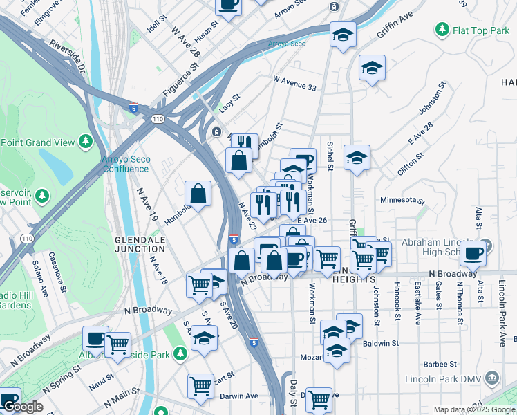map of restaurants, bars, coffee shops, grocery stores, and more near 140 North Avenue 23 in Los Angeles