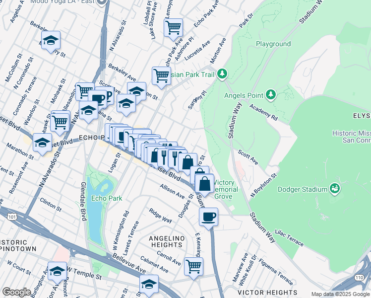 map of restaurants, bars, coffee shops, grocery stores, and more near 1411 Sutherland Street in Los Angeles