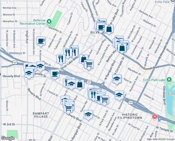 map of restaurants, bars, coffee shops, grocery stores, and more near 446 Parkman Avenue in Los Angeles