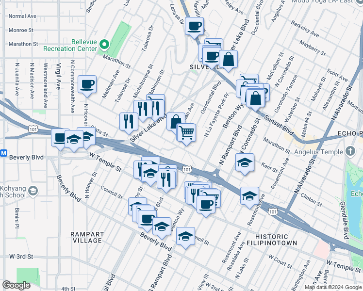 map of restaurants, bars, coffee shops, grocery stores, and more near 446 Parkman Avenue in Los Angeles
