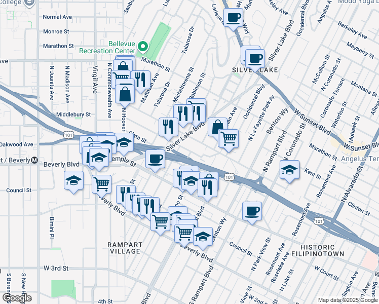 map of restaurants, bars, coffee shops, grocery stores, and more near 419 North Vendome Street in Los Angeles