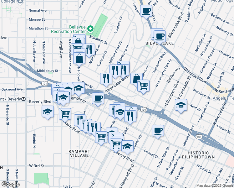map of restaurants, bars, coffee shops, grocery stores, and more near 419 North Vendome Street in Los Angeles