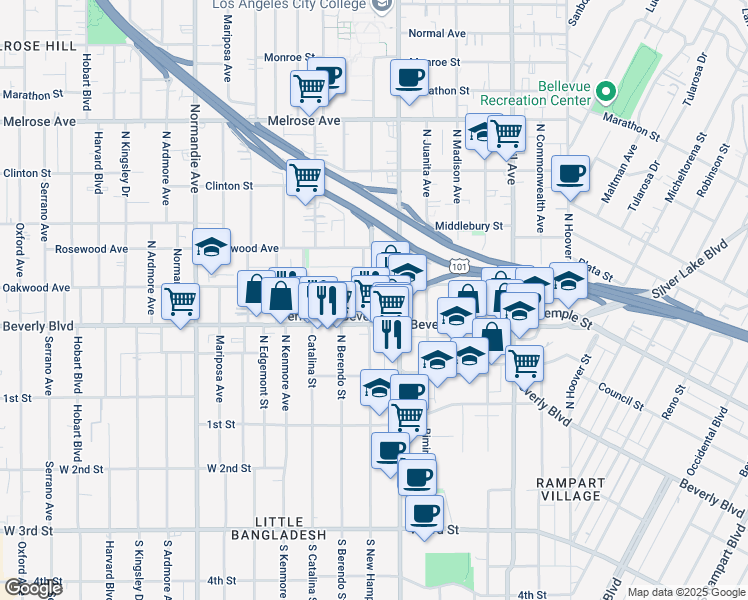 map of restaurants, bars, coffee shops, grocery stores, and more near 318 North New Hampshire Avenue in Los Angeles