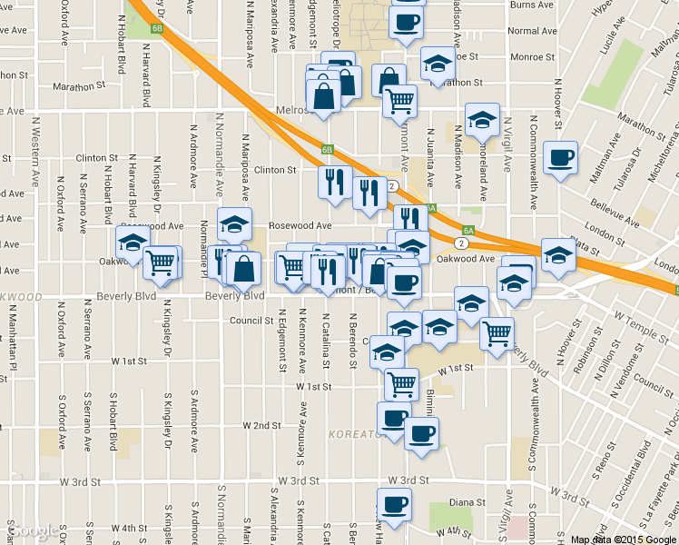 map of restaurants, bars, coffee shops, grocery stores, and more near 324 North Berendo Street in Los Angeles