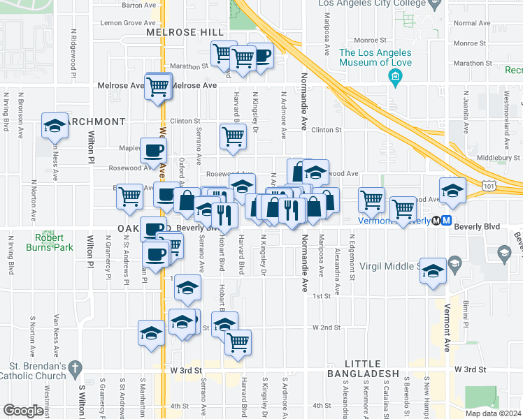map of restaurants, bars, coffee shops, grocery stores, and more near in Los Angeles