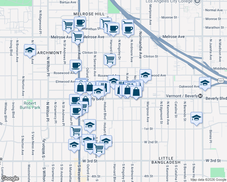 map of restaurants, bars, coffee shops, grocery stores, and more near 318 North Hobart Boulevard in Los Angeles
