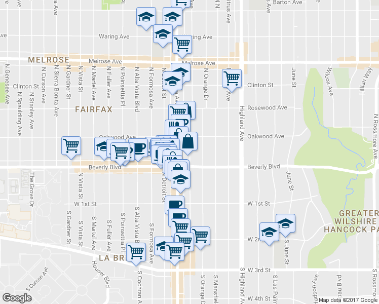 map of restaurants, bars, coffee shops, grocery stores, and more near 320 North Sycamore Avenue in Los Angeles
