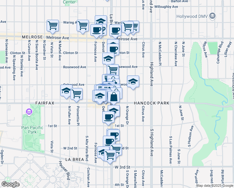 map of restaurants, bars, coffee shops, grocery stores, and more near 322 North La Brea Avenue in Los Angeles