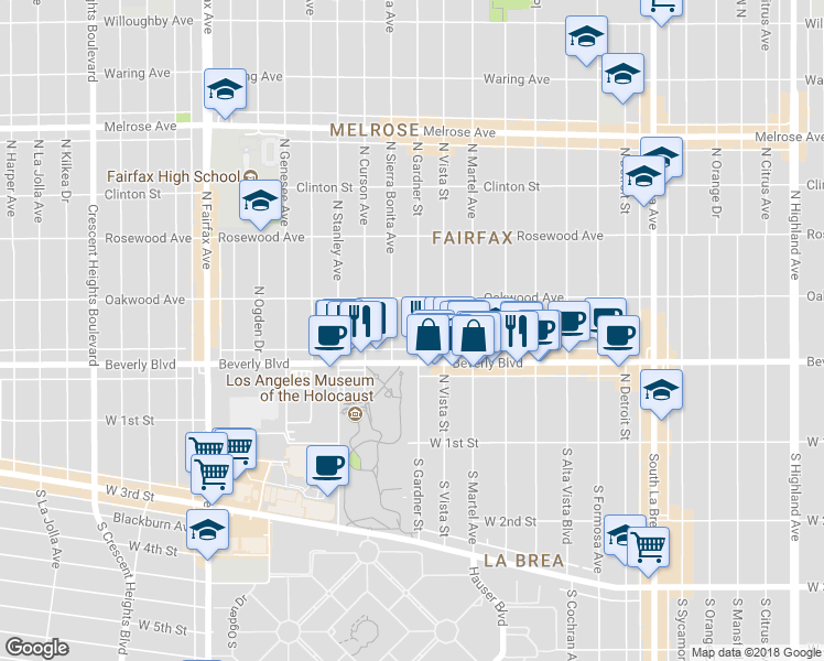 map of restaurants, bars, coffee shops, grocery stores, and more near 330 North Gardner Street in Los Angeles