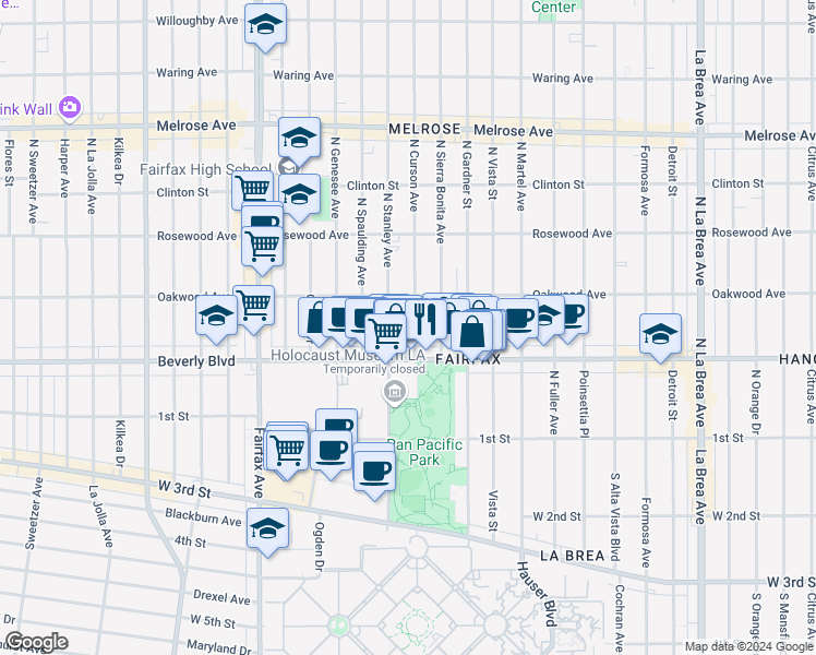 map of restaurants, bars, coffee shops, grocery stores, and more near 326 North Stanley Avenue in Los Angeles