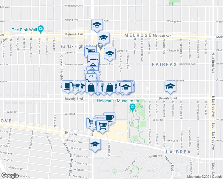 map of restaurants, bars, coffee shops, grocery stores, and more near 332 North Ogden Drive in Los Angeles
