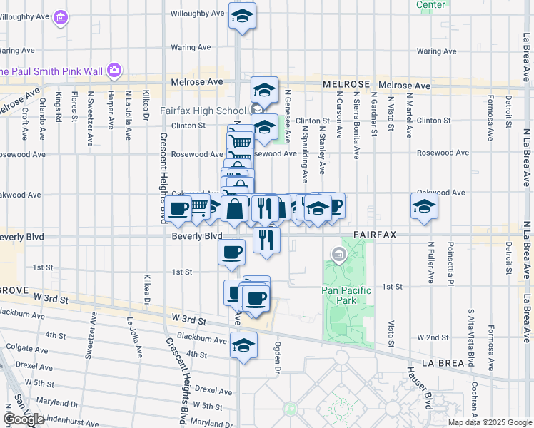 map of restaurants, bars, coffee shops, grocery stores, and more near 332 North Ogden Drive in Los Angeles