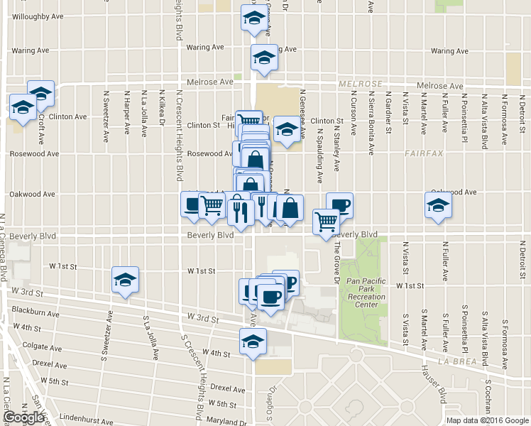 map of restaurants, bars, coffee shops, grocery stores, and more near 331 1/2 North Orange Grove Avenue in Los Angeles