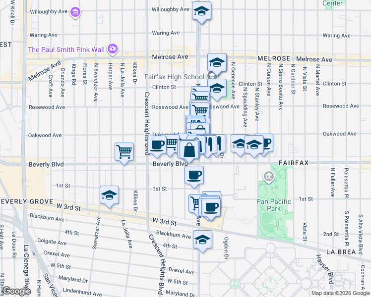 map of restaurants, bars, coffee shops, grocery stores, and more near 330 North Hayworth Avenue in Los Angeles