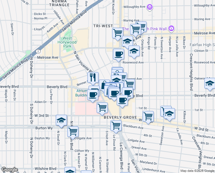 map of restaurants, bars, coffee shops, grocery stores, and more near 310 Huntley Drive in Los Angeles