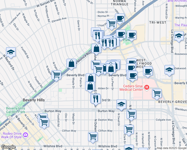 map of restaurants, bars, coffee shops, grocery stores, and more near 9134 Beverly Boulevard in Beverly Hills