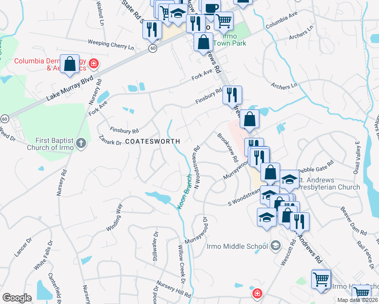 map of restaurants, bars, coffee shops, grocery stores, and more near 1617 North Woodstream Road in Columbia
