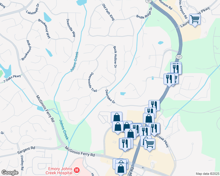 map of restaurants, bars, coffee shops, grocery stores, and more near 6185 Deerwoods Trail in Alpharetta