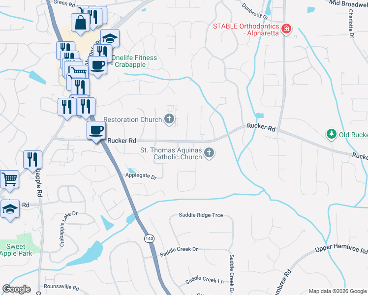 map of restaurants, bars, coffee shops, grocery stores, and more near 12092 Walnut Terrace in Alpharetta