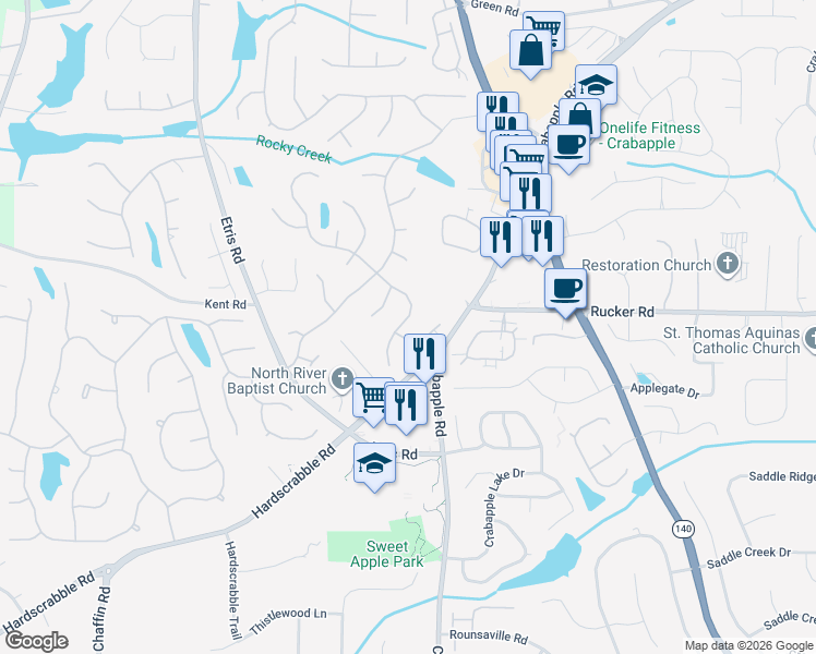 map of restaurants, bars, coffee shops, grocery stores, and more near 530 Rose Border Drive in Roswell