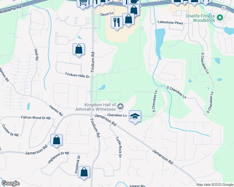 map of restaurants, bars, coffee shops, grocery stores, and more near 452 Maypop Lane in Woodstock