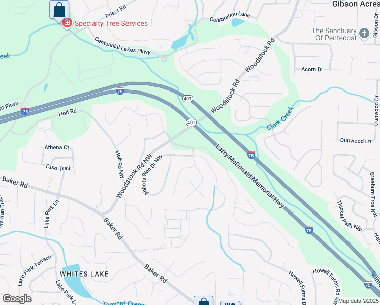 map of restaurants, bars, coffee shops, grocery stores, and more near 2586 Abbots Glen Drive Northwest in Acworth