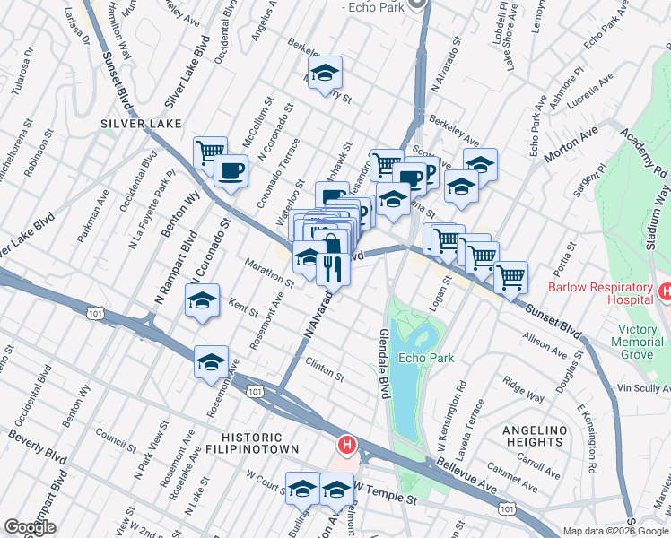 map of restaurants, bars, coffee shops, grocery stores, and more near 1035 North Alvarado Street in Los Angeles