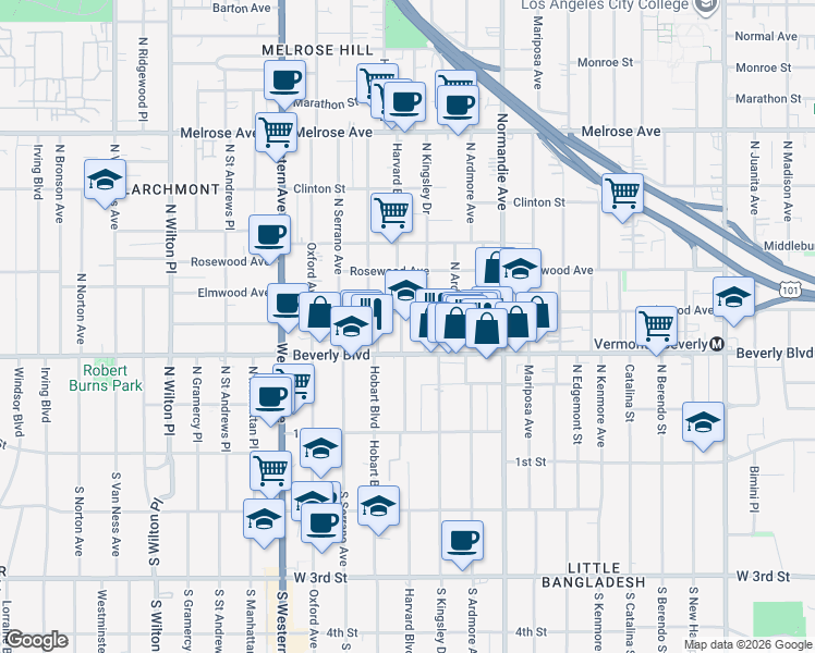 map of restaurants, bars, coffee shops, grocery stores, and more near 330 North Harvard Boulevard in Los Angeles